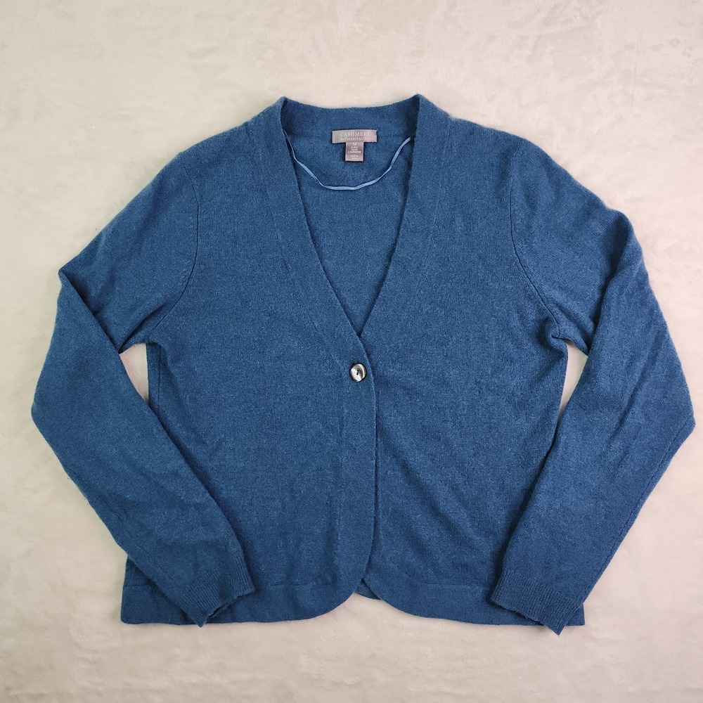 Charter Club 100% Cashmere Single Button Cardigan M Blue V Neck Sweater